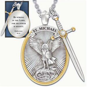 Saint Michael Sword and Shield Pendant and Necklace Silver and Gold Tone…